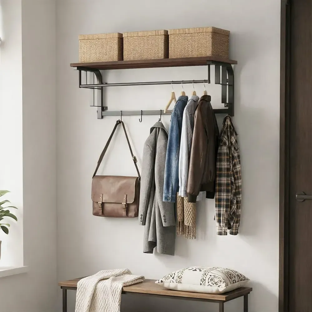 Illustration numéro 2 du produit Porte-manteau à suspendre Style industriel bois foncé