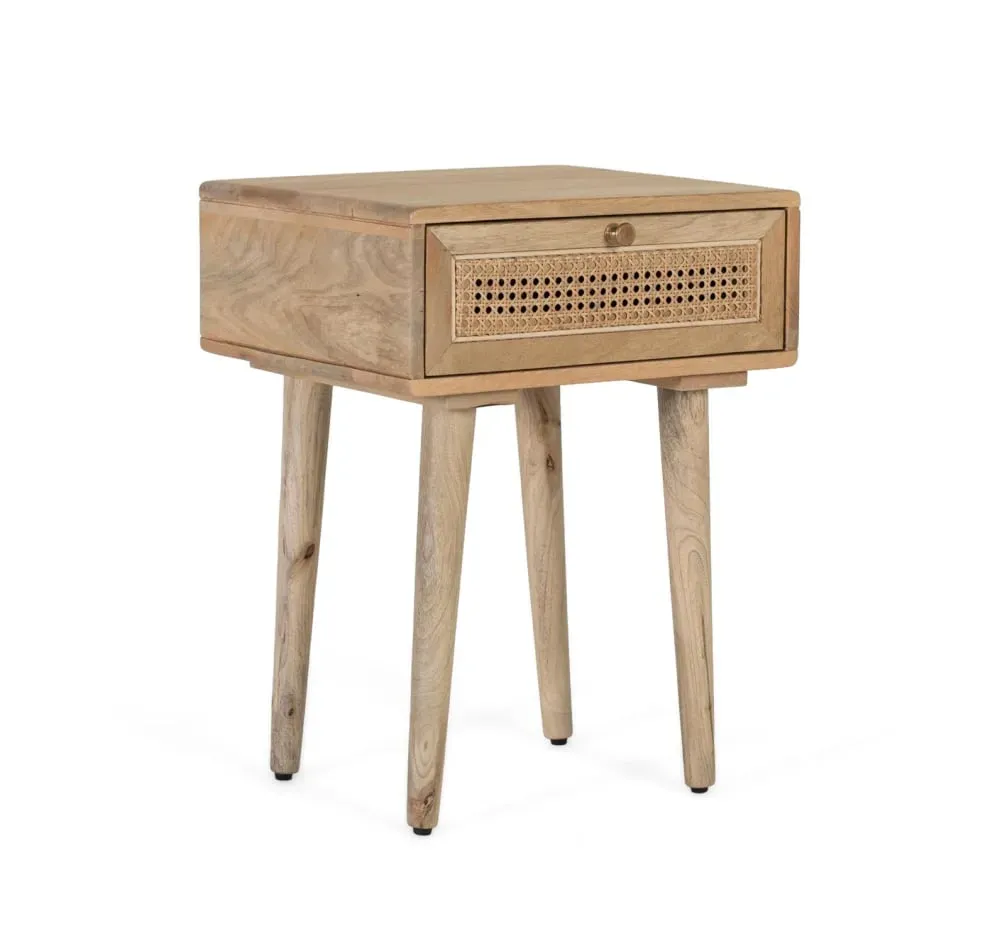 Illustration numéro 2 du produit Table de chevet avec tiroir avant et structure en rotin tressé.