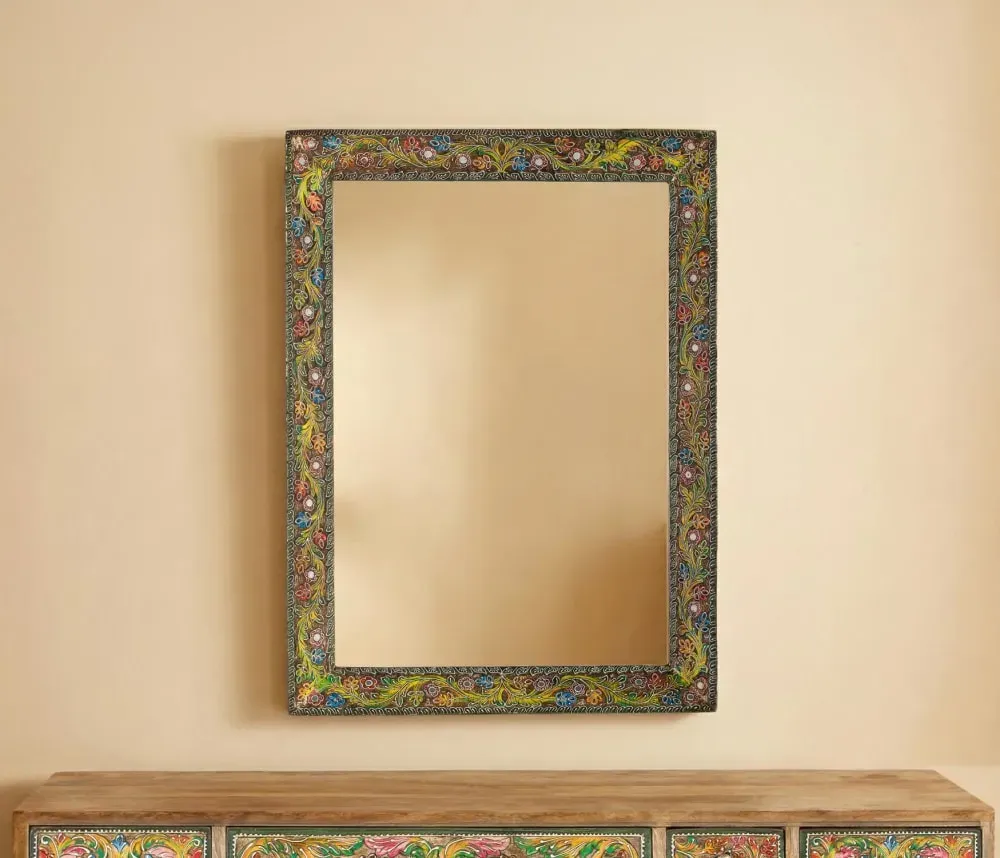 Illustration numéro 2 du produit Miroir rectangulaire avec cadre en bois de manguier à motif floral