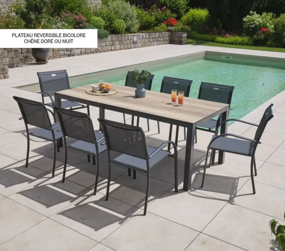 Illustration numéro 2 du produit Ensemble table et 8 chaises de jardin en aluminium chêne doré