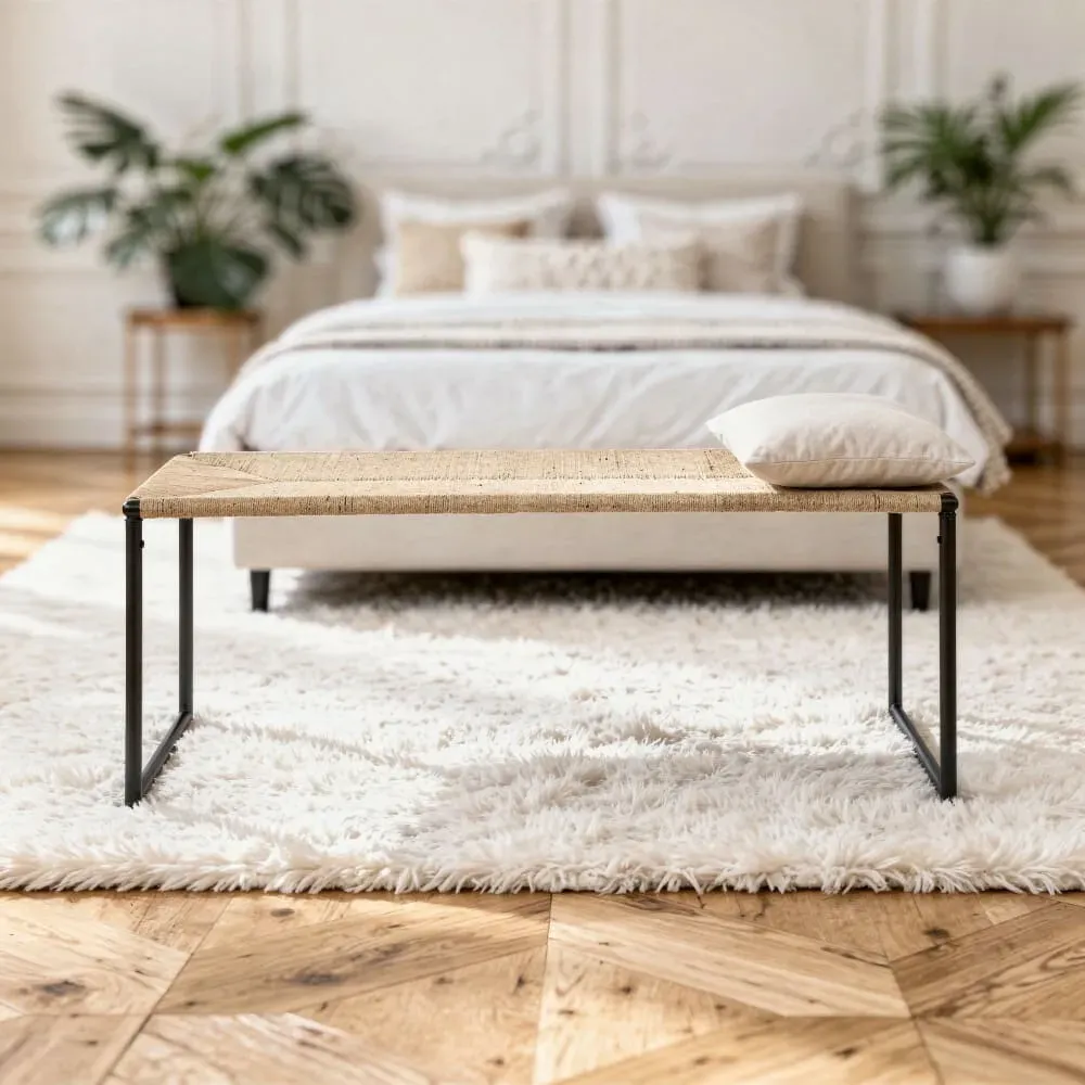 Illustration numéro 2 du produit Banc de bout de lit en métal noir et corde tressée