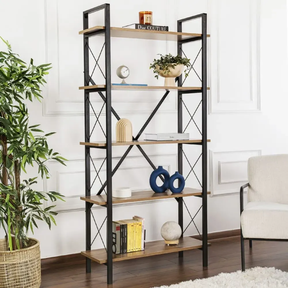 Illustration numéro 2 du produit Etagère 5 niveaux effet Noyer et piètement noir 90 cm