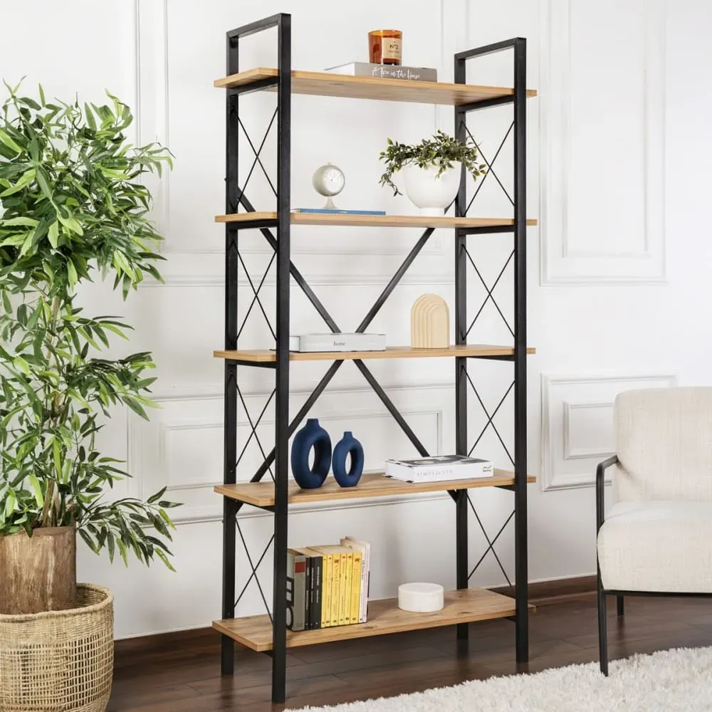 Illustration numéro 2 du produit Etagère 5 niveaux effet bois et piètement noir 90 cm