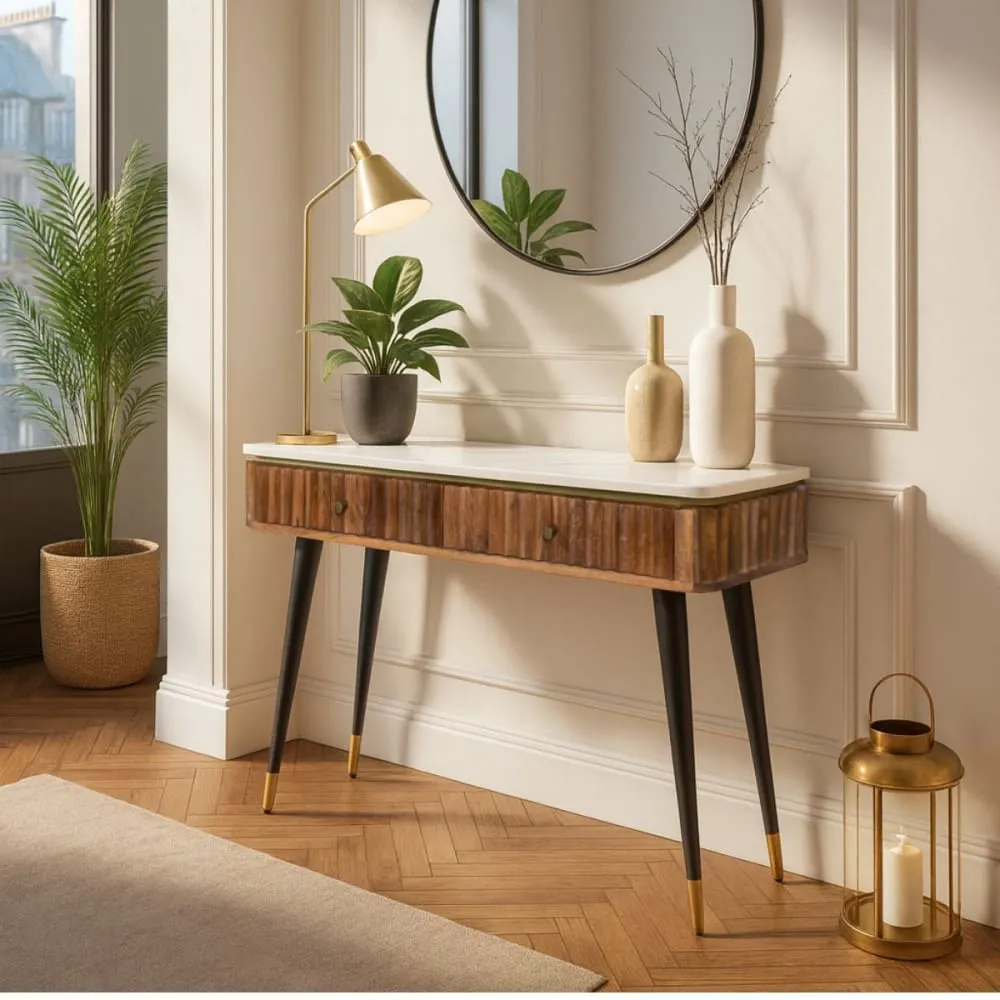 Illustration numéro 2 du produit Console 2 tiroirs manguier plateau marbre pieds embout doré