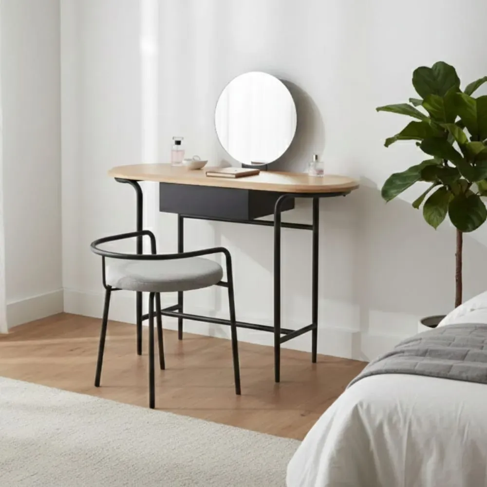 Illustration numéro 2 du produit Coiffeuse métal et MDF plateau chêne avec miroir réglable hauteur