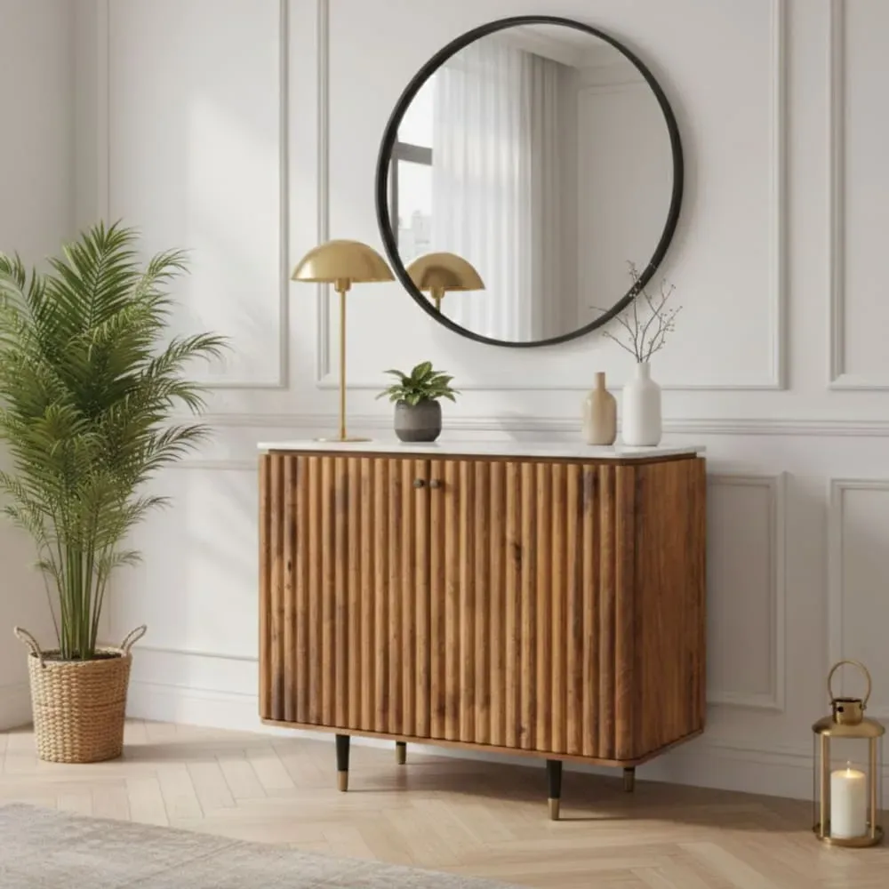 Illustration numéro 2 du produit Meuble de rangement 2 portes manguier plateau marbre pieds embout doré