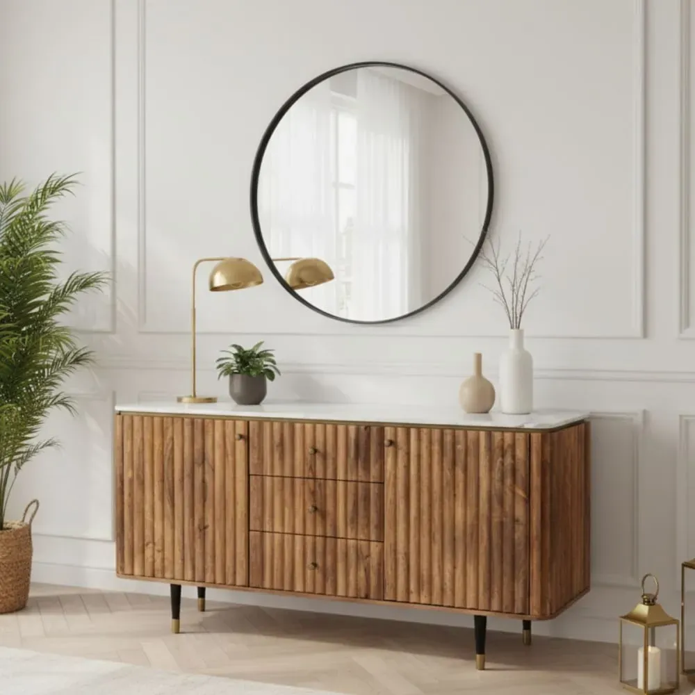 Illustration numéro 2 du produit Buffet 2 portes 3 tiroirs manguier plateau marbre pieds embout doré