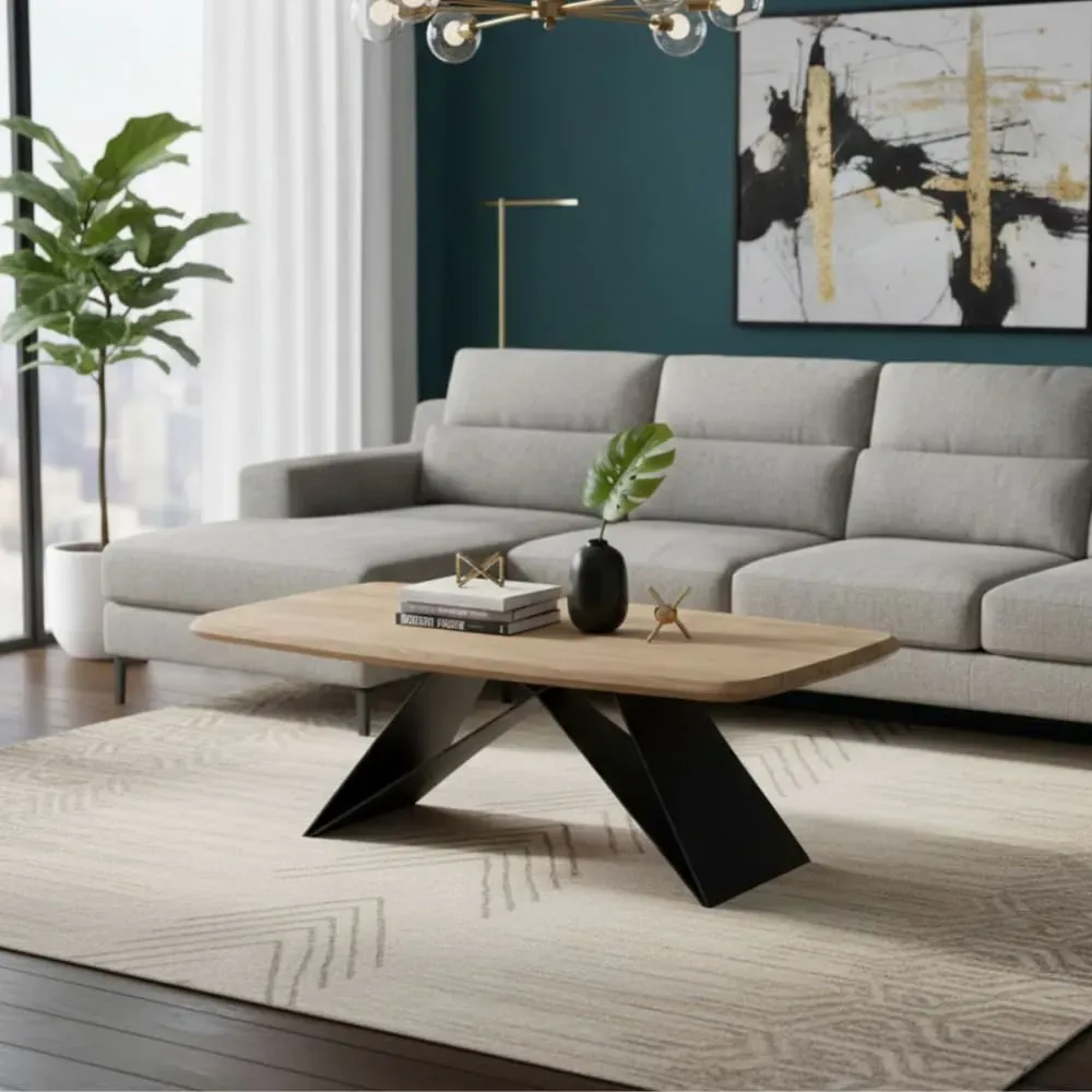 Illustration numéro 2 du produit Table basse acacia massif avec pieds métal noir forme papillon