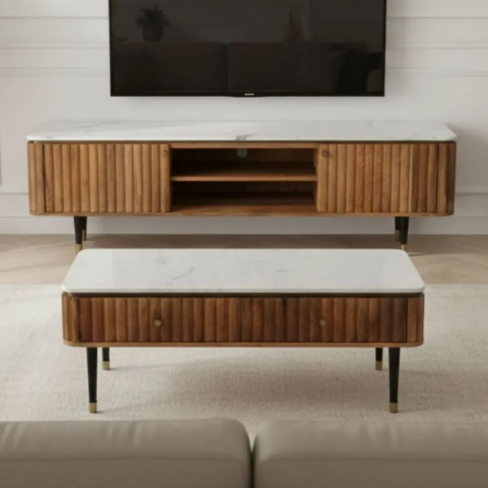 Illustration numéro 2 du produit Table basse 4 tiroirs manguier plateau marbre pieds embout doré