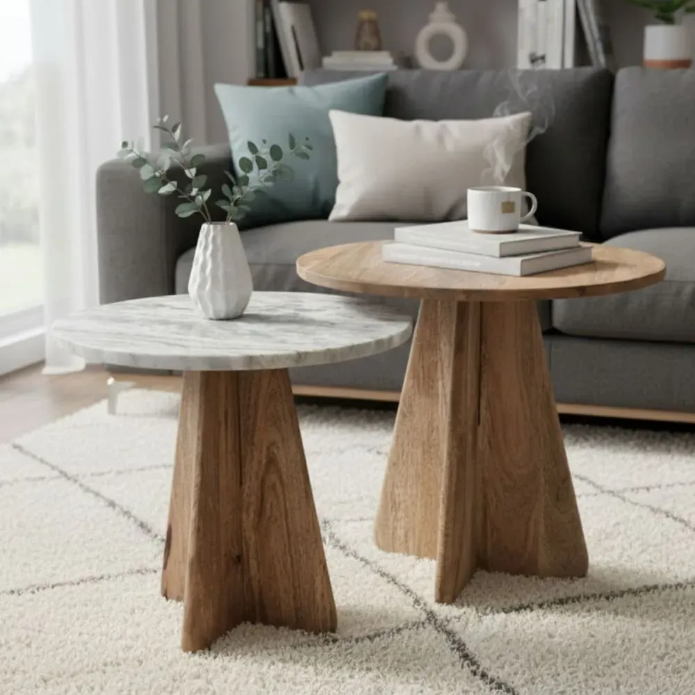 Illustration numéro 2 du produit Lot 2 de tables basses rondes acacia et marbre piètement acacia