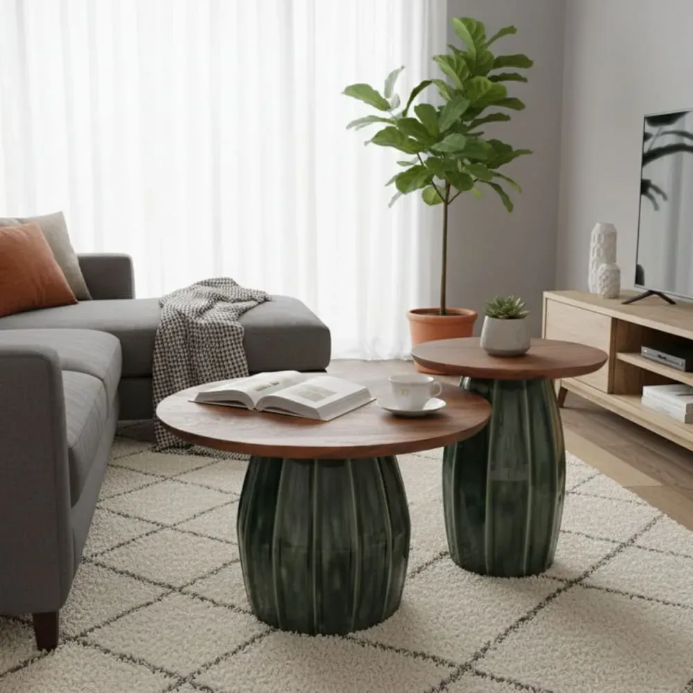 Illustration numéro 2 du produit Lot de 2 tables basses rondes acacia piètement acier émaillé vert