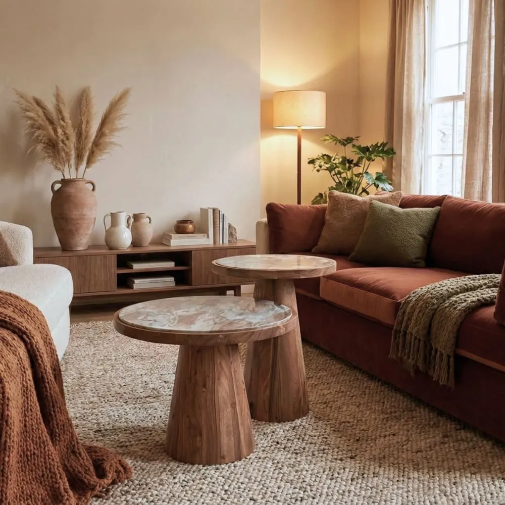 Illustration numéro 2 du produit Lot de 2 tables basses rondes base acacia avec plateau en marbre