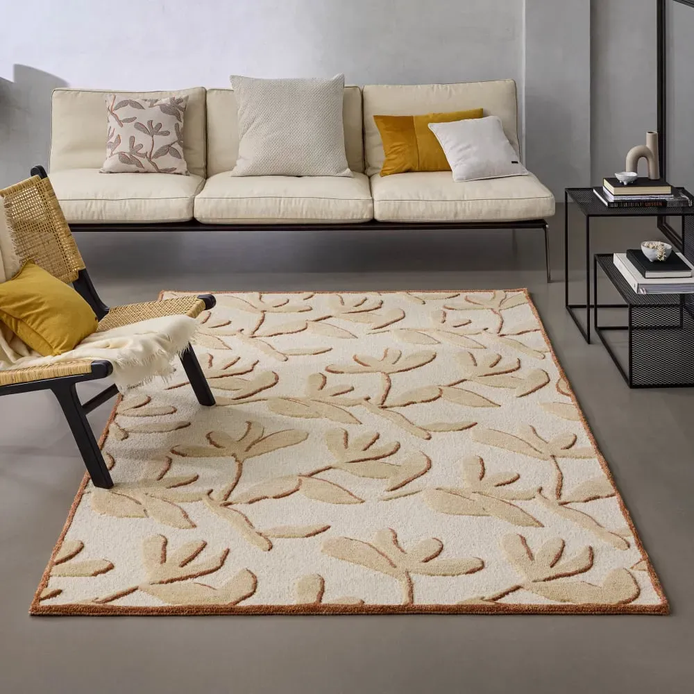 Illustration numéro 2 du produit Tapis design floral tufté pure laine beige, sable et brique  110x170
