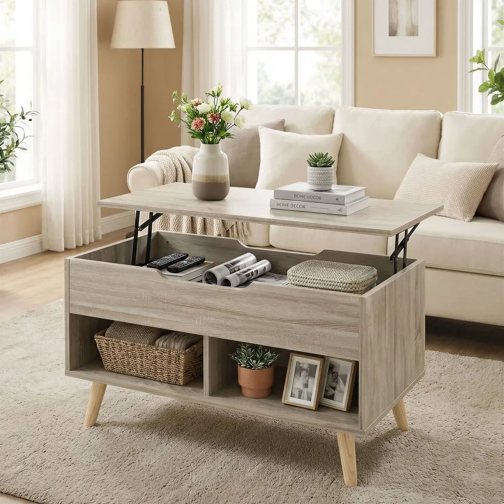 Illustration numéro 2 du produit Table basse relevable étagères ouvertes métal et bois bois naturel