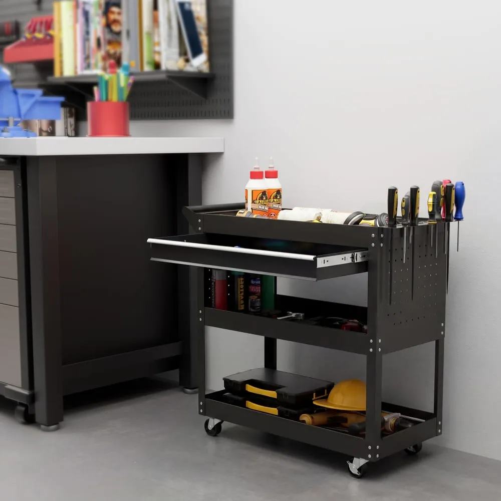 Illustration numéro 2 du produit Chariot outils trois niveaux avec tiroir poignée acier noir