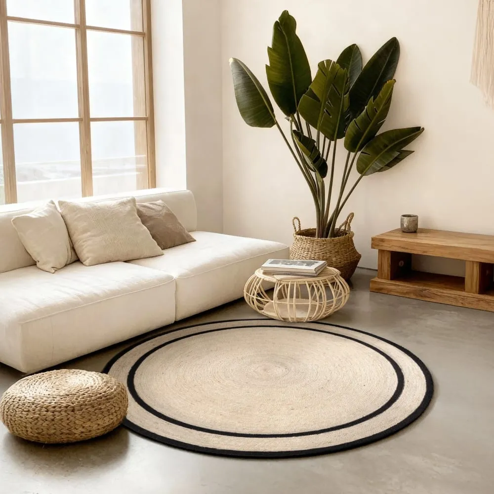 Illustration numéro 2 du produit Tapis rond en Jute Ivoire et Noir 200cm
