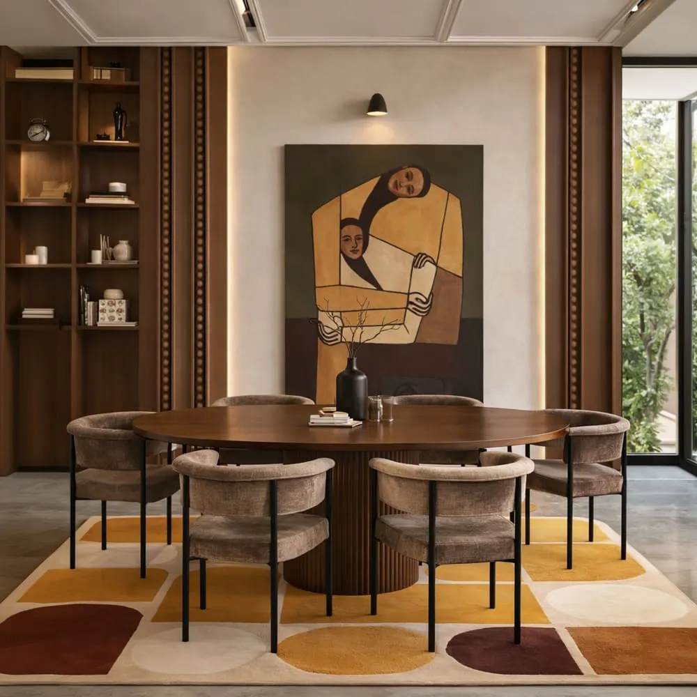 Illustration numéro 2 du produit Ensemble table extensible ovale et 6 fauteuils en tissu café