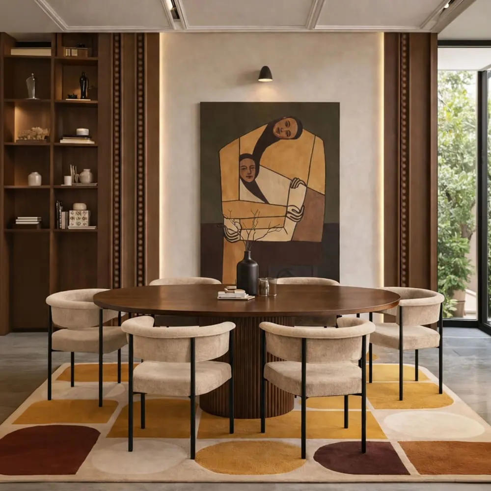 Illustration numéro 2 du produit Ensemble table extensible ovale et 6 fauteuils en tissu beige