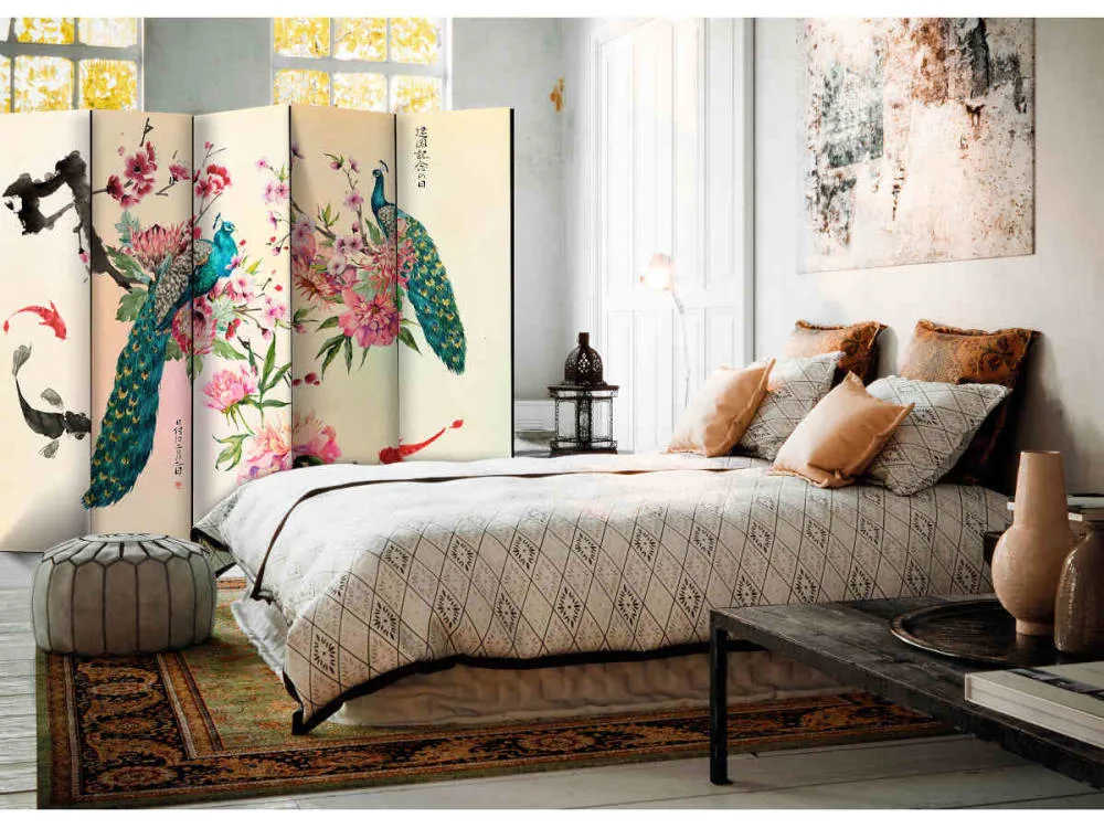 Illustration numéro 2 du produit Paravent Paon et fleurs 5 volets - Artgeist