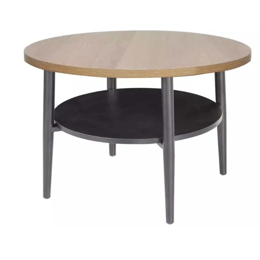 Illustration numéro 2 du produit Table basse ronde en chêne clair et noir avec étagère 60x60x45cm