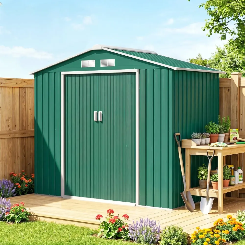 Illustration numéro 2 du produit Abri de jardin avec kit de fondation tôle d'acier vert