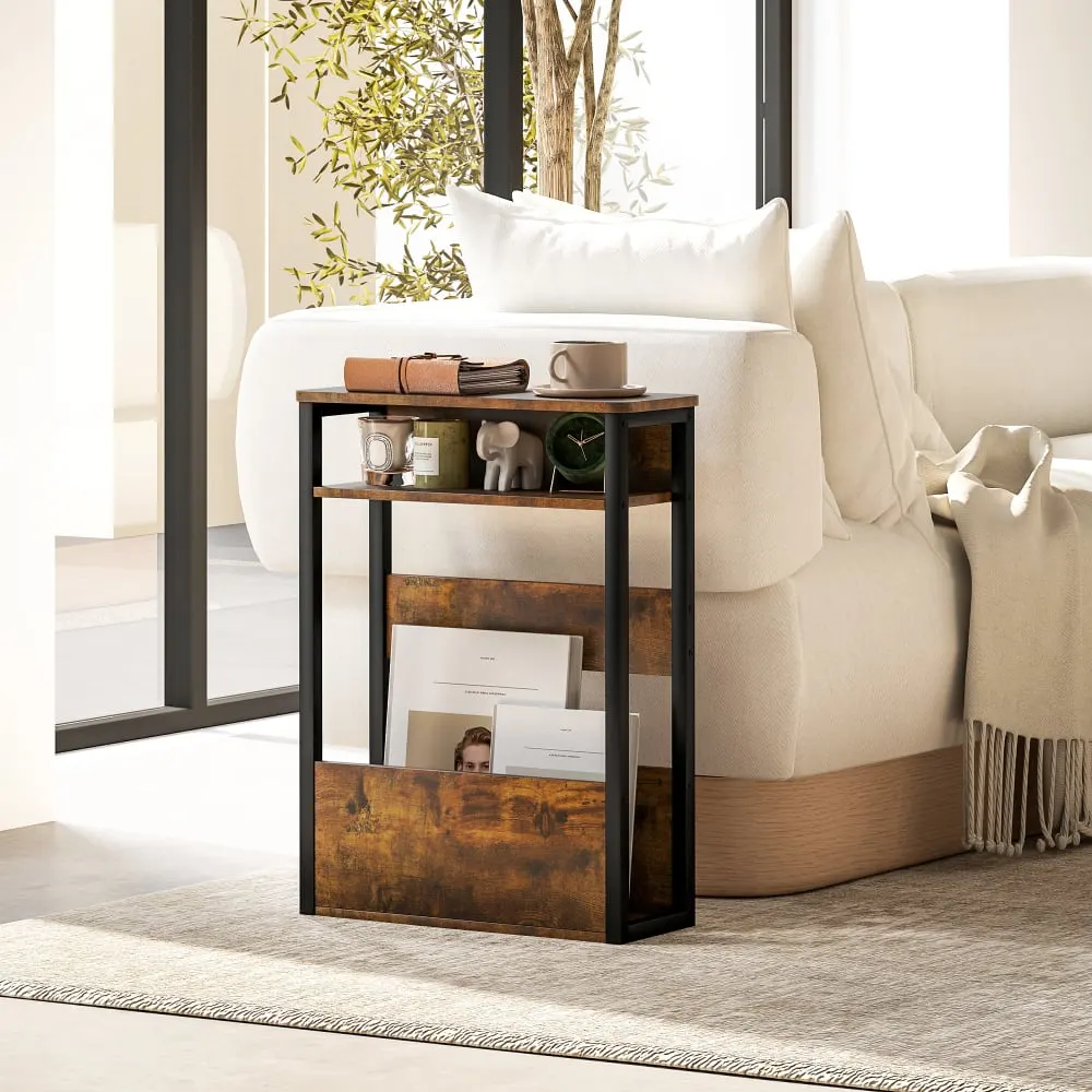 Illustration numéro 2 du produit Table d'appoint avec étagère à deux niveaux en bois brun rustique
