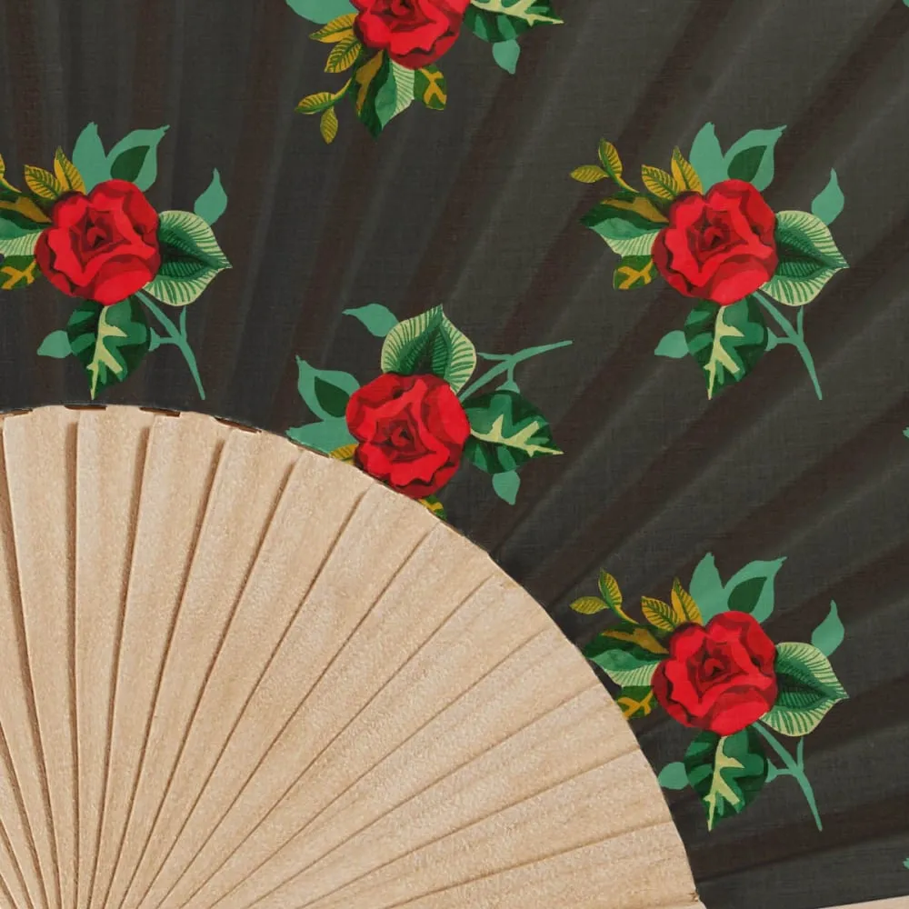 Illustration numéro 2 du produit Eventail bois de bouleau motif graphique fleuri noir