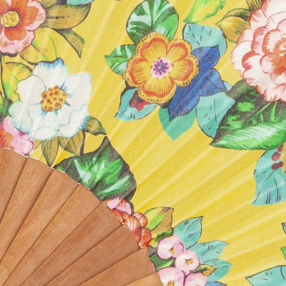 Illustration numéro 2 du produit Eventail bois de merisier motif fleuri jaune