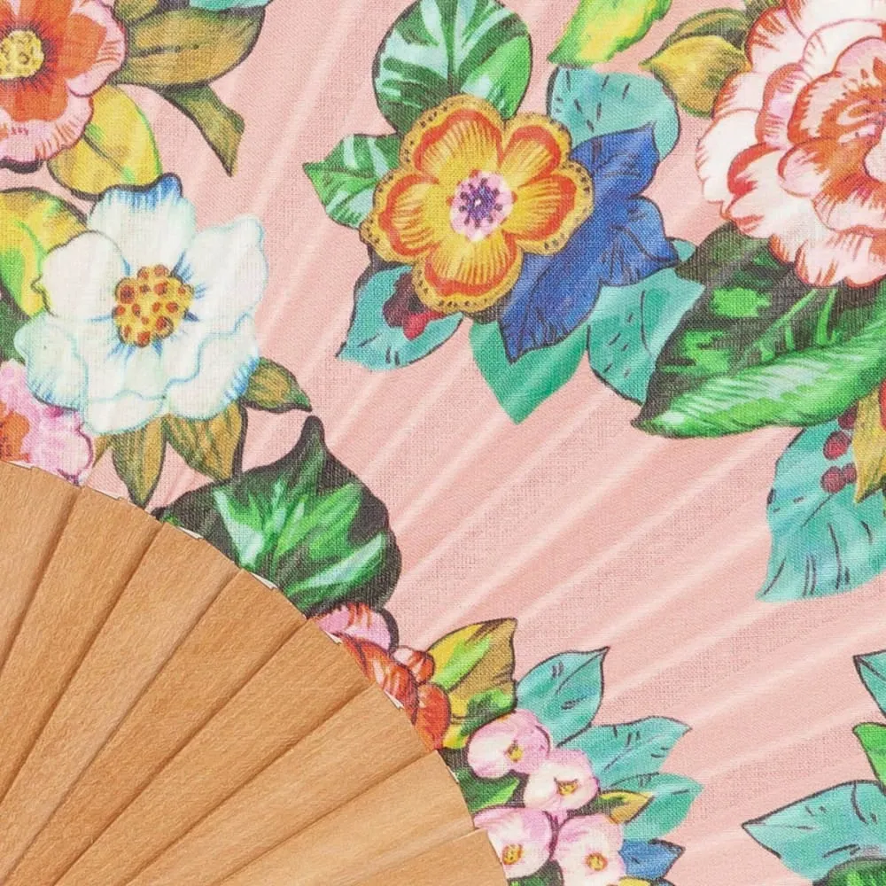 Illustration numéro 2 du produit Eventail bois de merisier motif fleuri rose