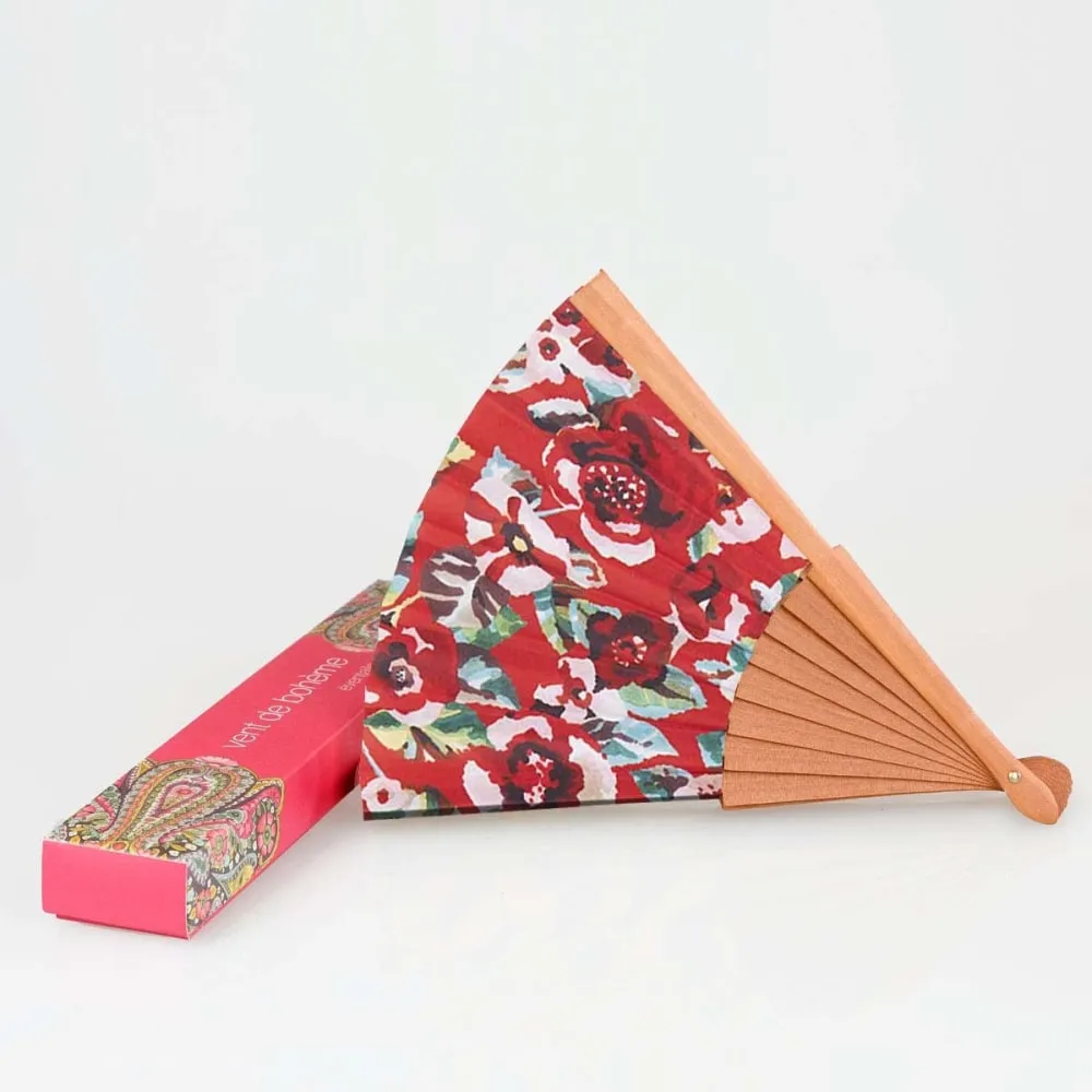 Illustration numéro 2 du produit Eventail bois de merisier motif fleuri rouge
