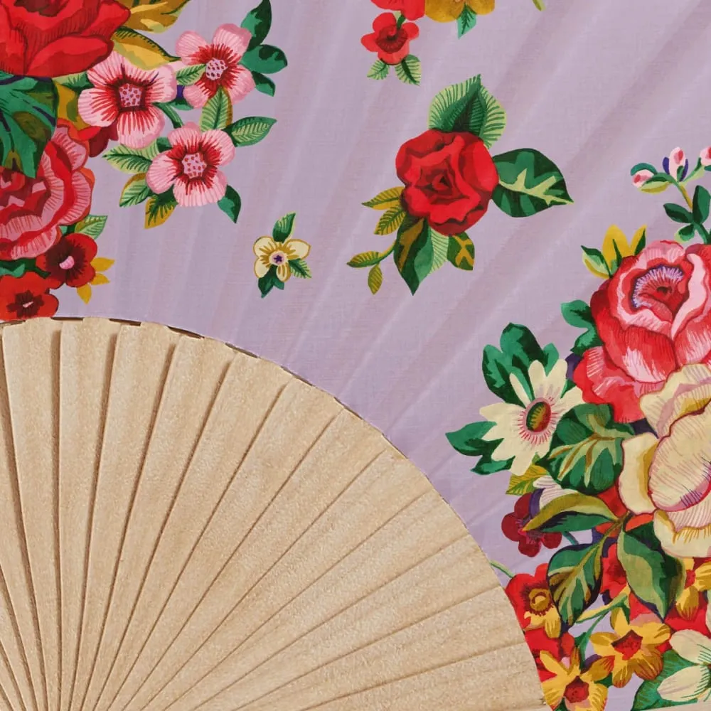 Illustration numéro 2 du produit Eventail bois de bouleau motif fleuri lila