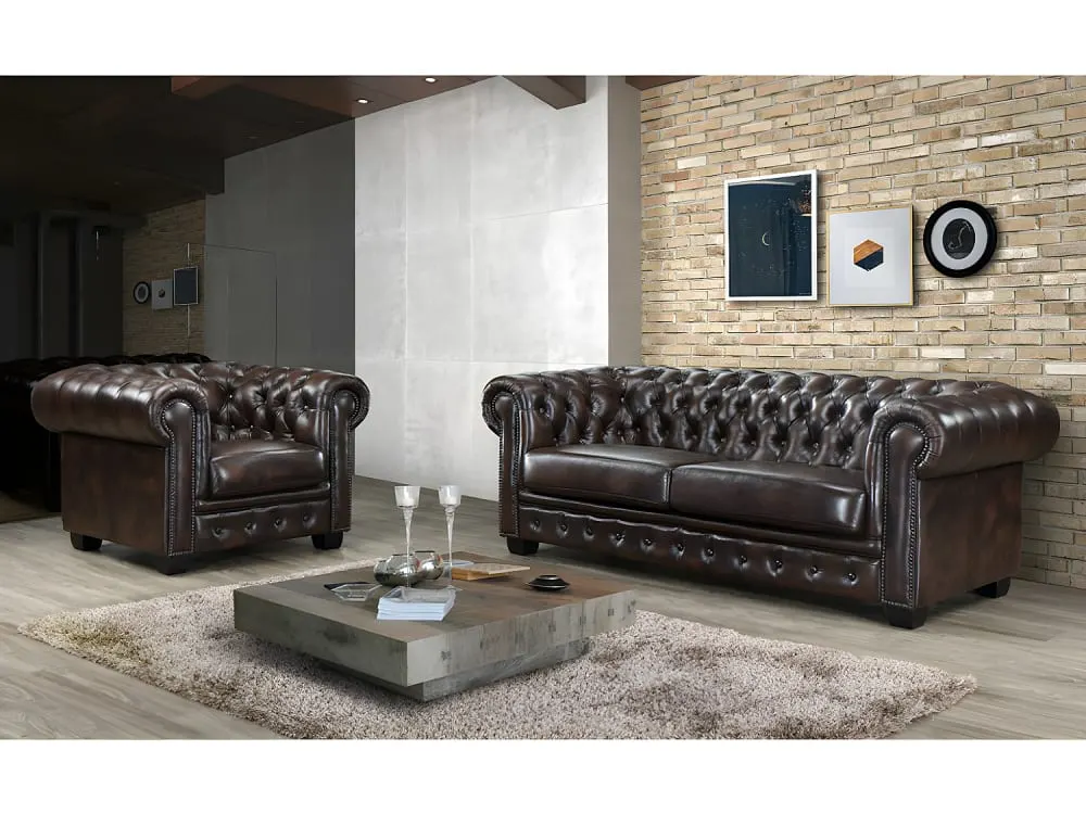 Illustration numéro 2 du produit Fauteuil droit cuir pleine fleur marron chocolat