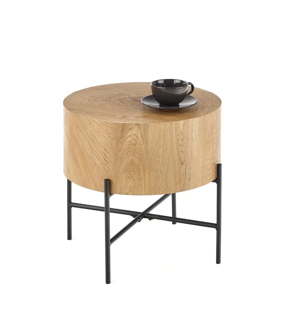 Illustration numéro 2 du produit Table basse ronde  aspect chêne avec structure en acier noire 45cm