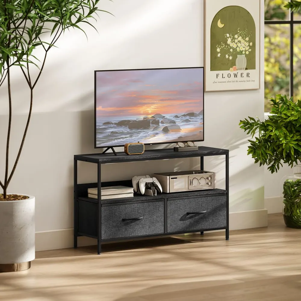 Illustration numéro 2 du produit Meuble TV industriel 2 tiroirs pliables tissu gris foncé acier noir