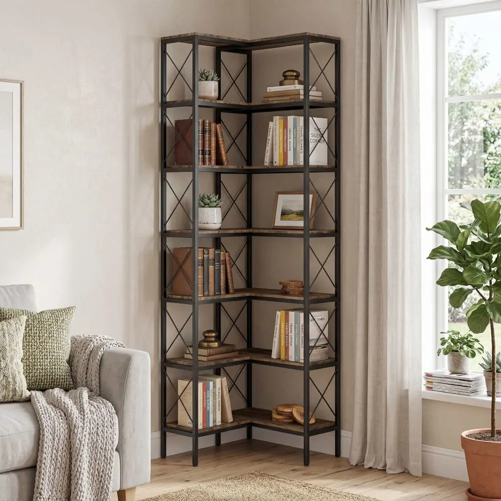 Illustration numéro 2 du produit Bibliothèque d'angle 6 niveaux métal bois brun rustique