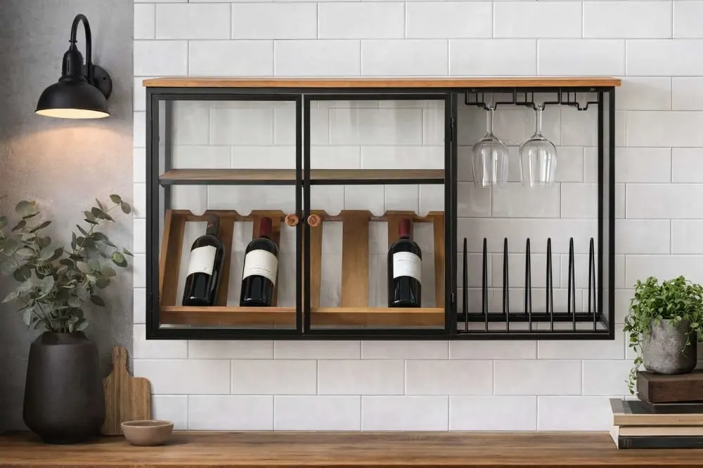 Illustration numéro 2 du produit Casier à vin en acier et verre 102x32x60 cm 6 bouteilles