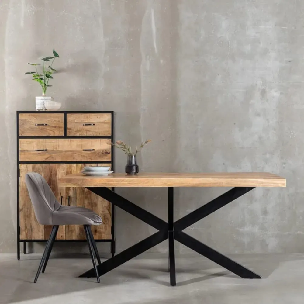 Illustration numéro 2 du produit Table à manger  bois brut pied étoile acier noir 160cm