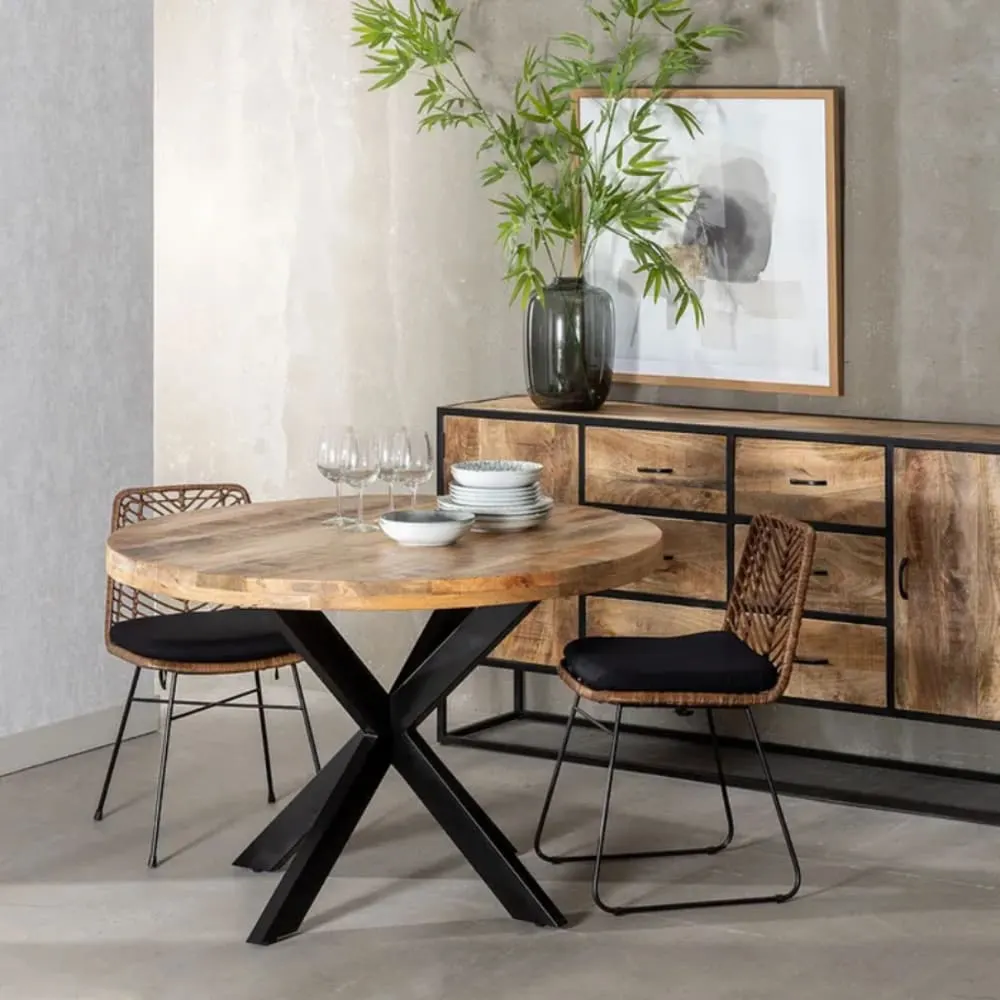 Illustration numéro 2 du produit Table à manger ronde  bois manguier et pied noir étoile 120cm
