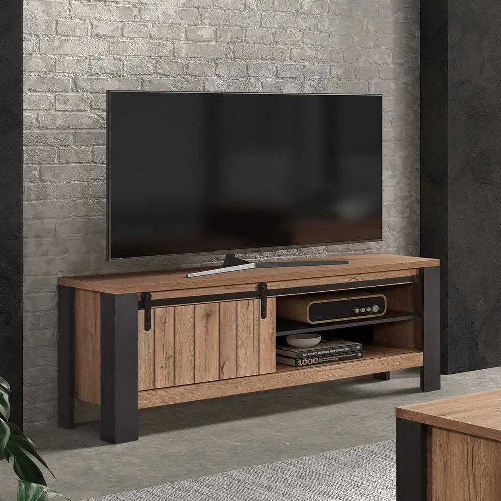 Illustration numéro 2 du produit Meuble tv 1 porte coulissante 2 niches métal et aspect bois