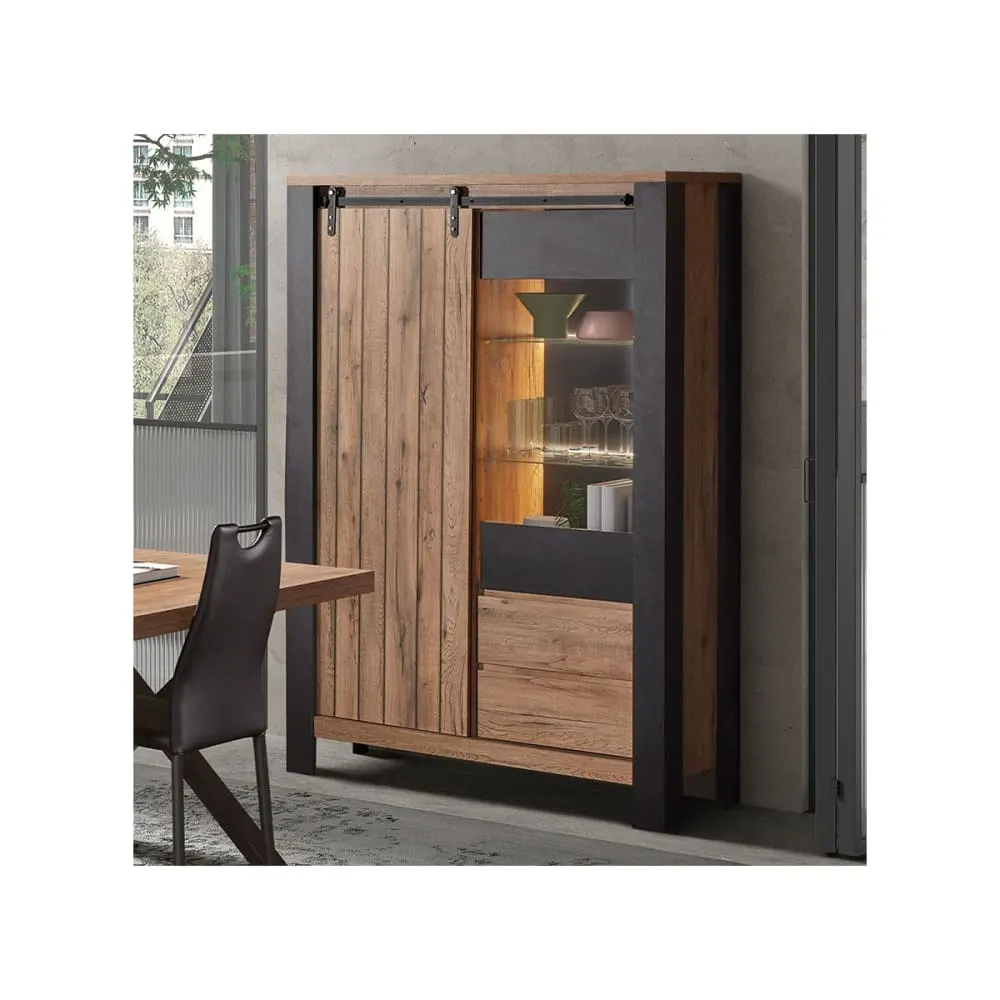 Illustration numéro 2 du produit Argentier 2 portes 2 tiroirs métal et aspect bois avec leds