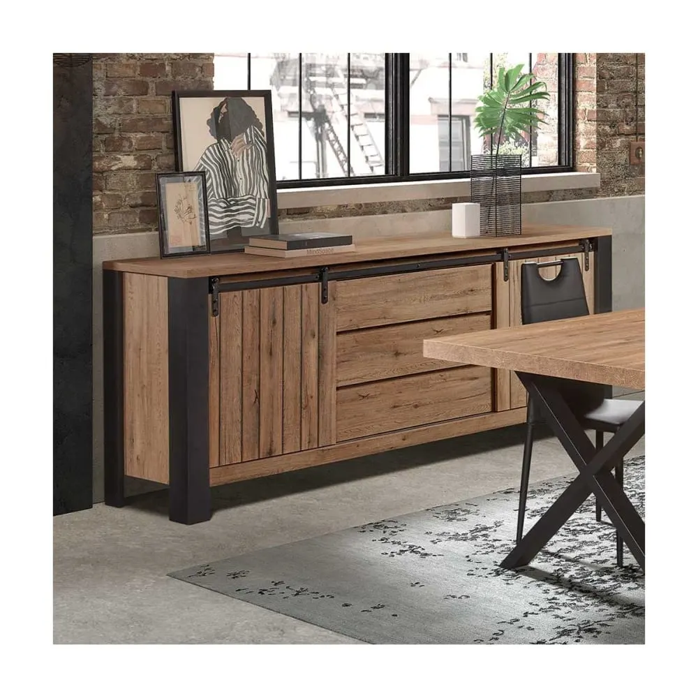 Illustration numéro 2 du produit Buffet 2 portes coulissantes 3 tiroirs métal et aspect bois