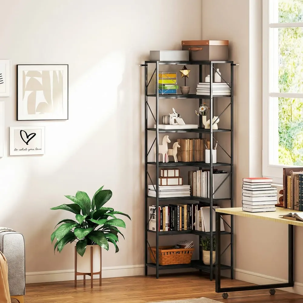 Illustration numéro 2 du produit Bibliothèque d'angle rangement 7 niveaux style industriel bois noir