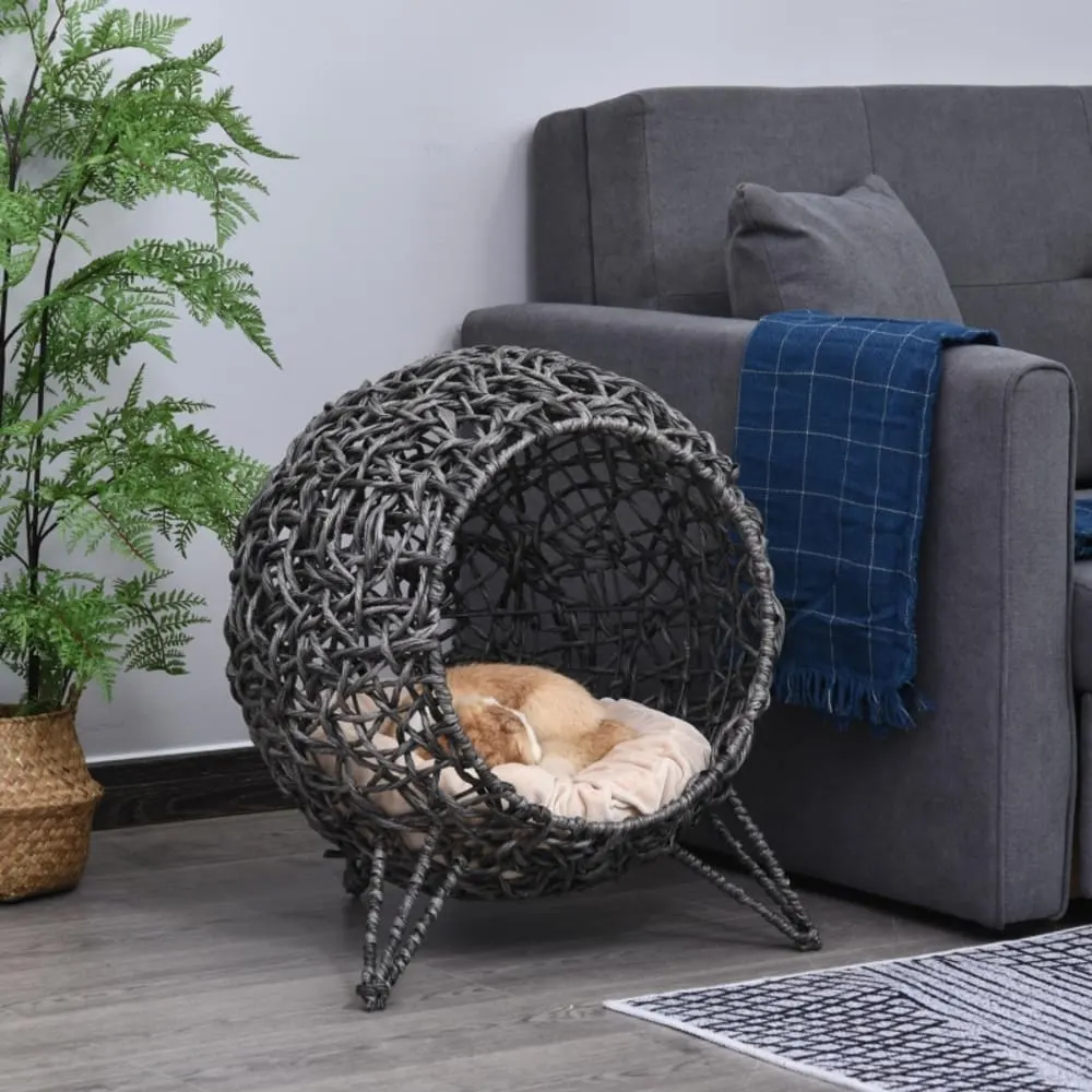 Illustration numéro 2 du produit Panier chat design sphérique en métal tressé et velours gris