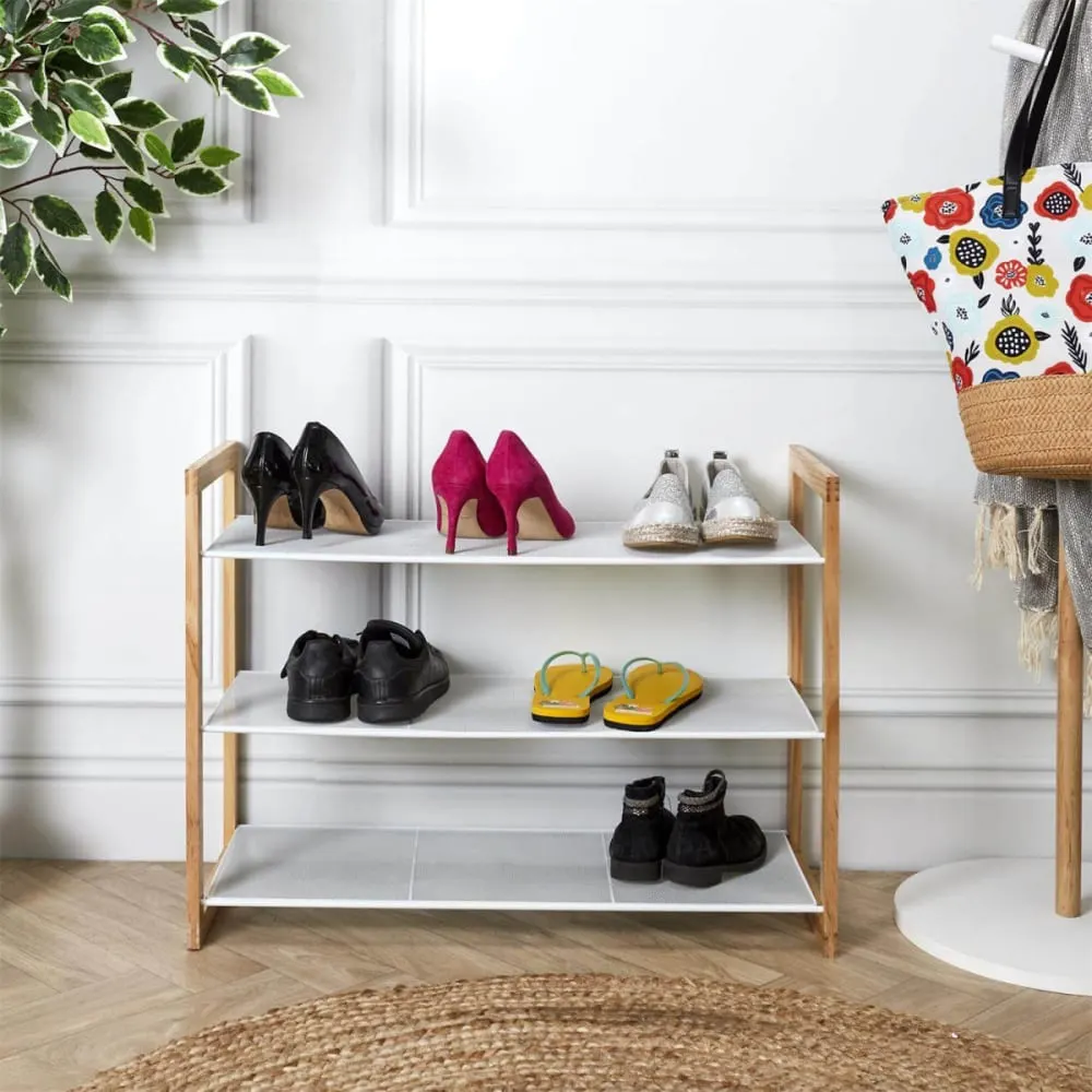 Illustration numéro 2 du produit Meuble  à chaussures 3 etages métal blanc et bois