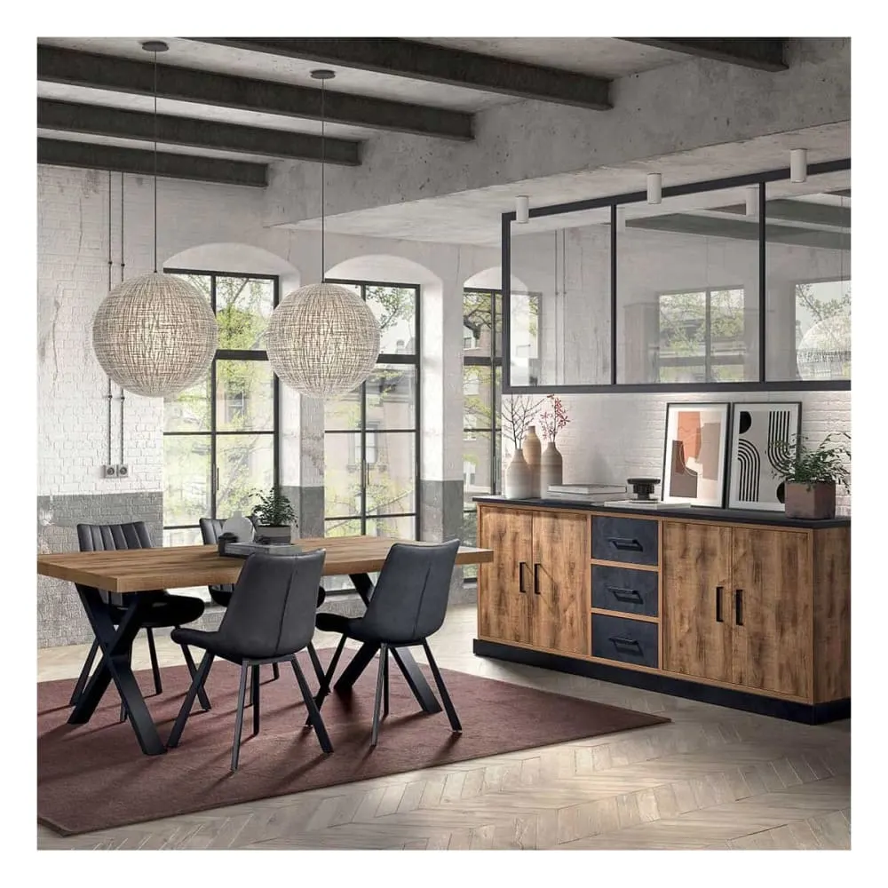 Illustration numéro 2 du produit Buffet  4 portes 3 tiroirs aspect bois et métal noir