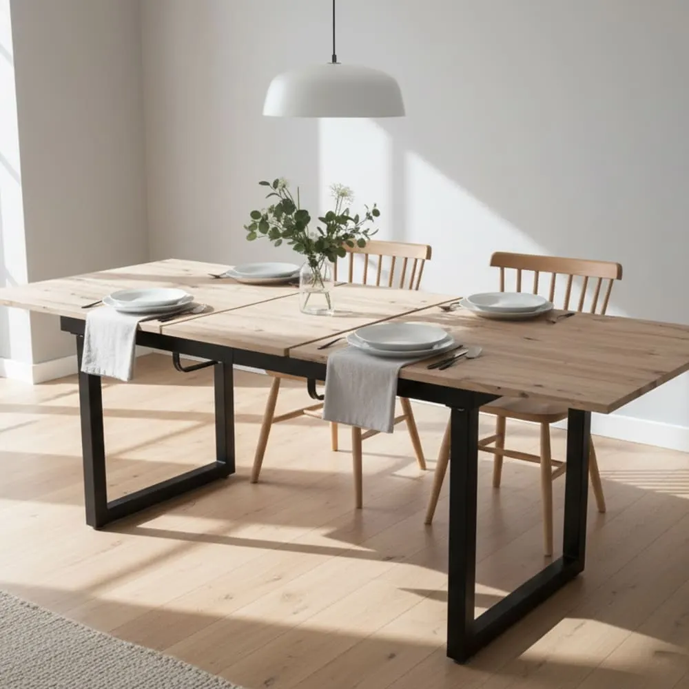 Illustration numéro 2 du produit Table de extensible, plateau effet chêne, pieds métalliques noirs