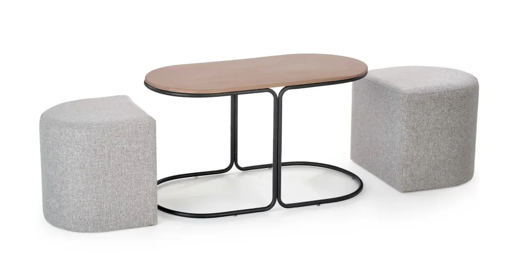Illustration numéro 2 du produit Ensemble table basse et deux poufs en tissu de polyester gris