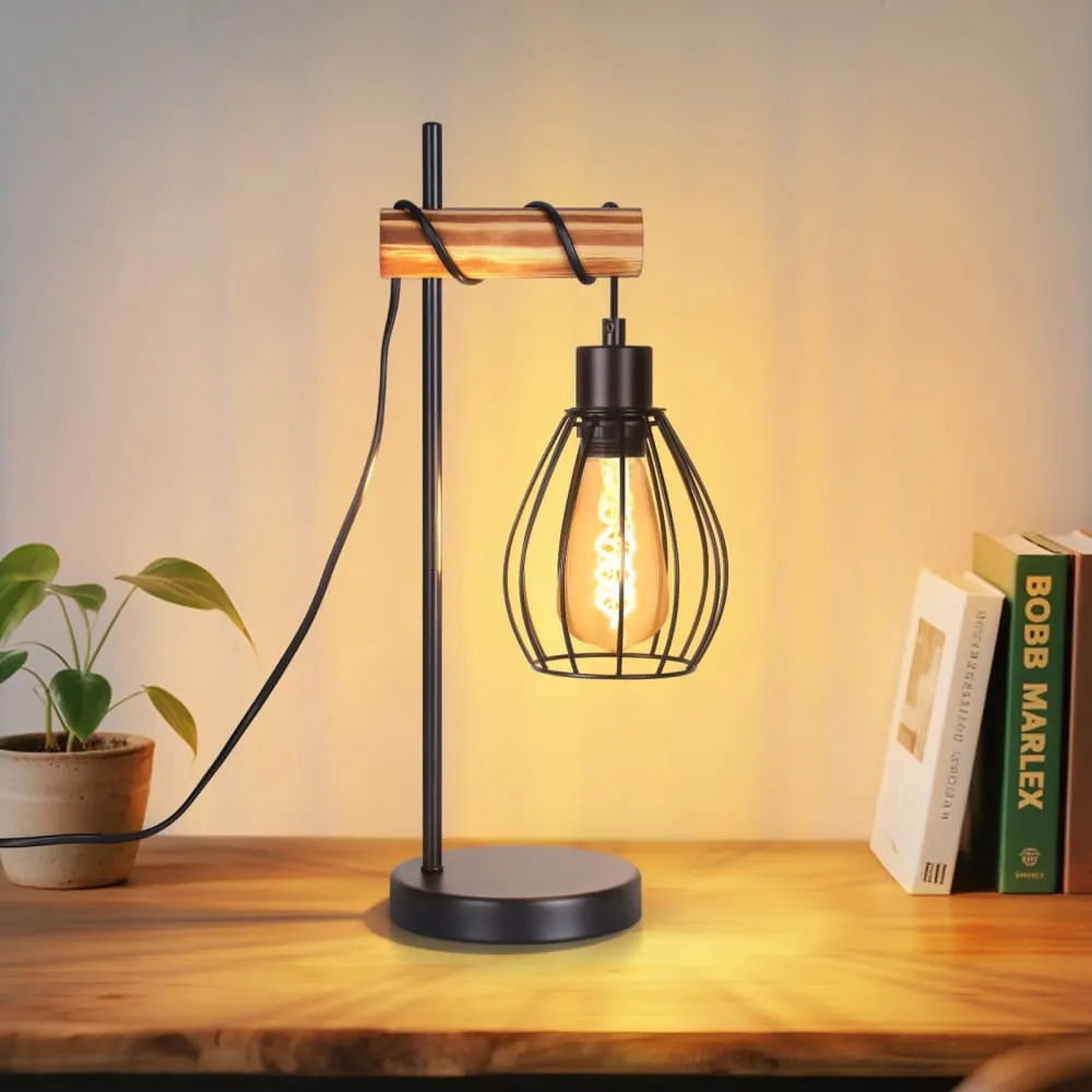 Illustration numéro 2 du produit Lampe de table fer bois noir 15x15x46cm e27