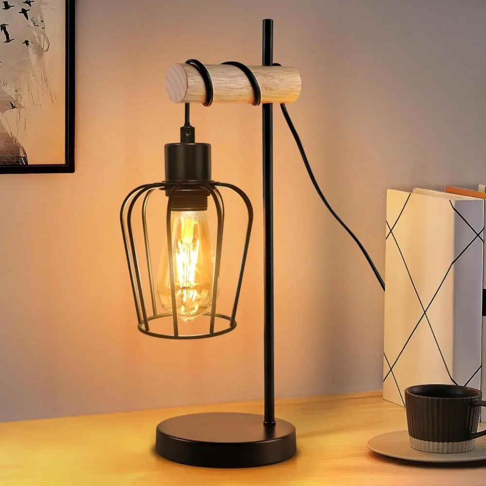 Illustration numéro 2 du produit Lampe de table fer bois noir 46x20x15cm e27