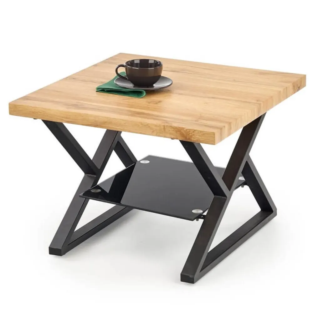 Illustration numéro 2 du produit Table basse carrée avec pieds acier noir plateau aspect chêne